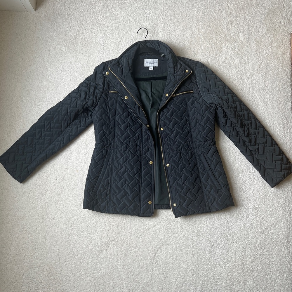 Cole Haan Dark Green Quilted Puffer Jacket with Gold-Tone Hardware